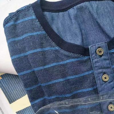220gsm Indigo Jacquard Pique Striped Jersey Knit Fabric Dark Indigo+Light Indigo Color